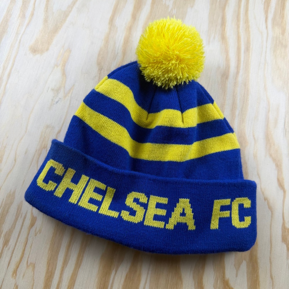 Official Chelsea FC Beanie Hat Blue Yellow Striped Pom Pom Knit Soccer Fan Gear
